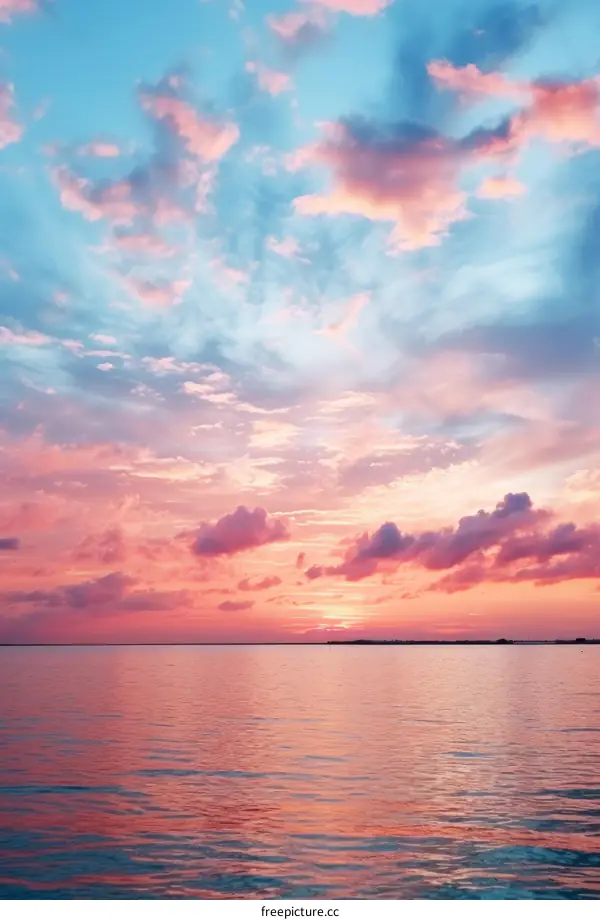 A vivid sunset sky over a calm sea