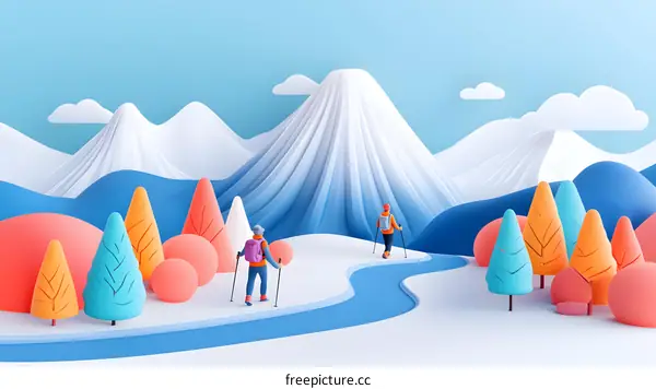Two People Hiking Up A Mountain In A Cartoon Style Illustration