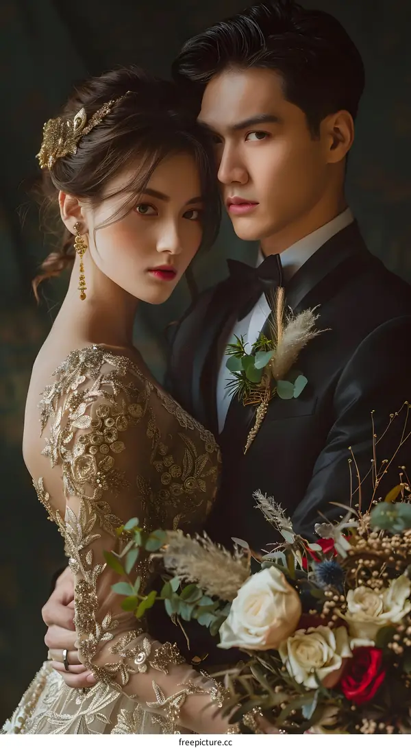 A newlywed couple in their wedding dress, taking pictures in the studio
