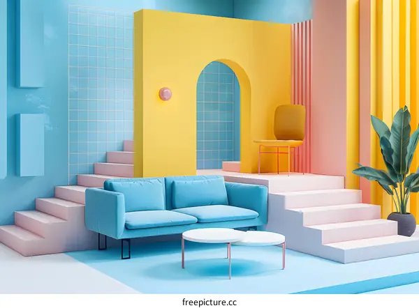 Blue and yellow interior of a room with a sofa, chair, table and plant