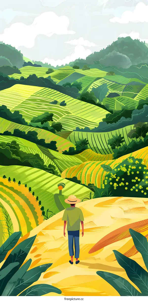 Man Standing on Hilltop Overlooking Green Fields