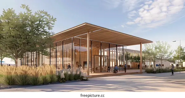 Modern Glass and Wood Building Exterior With People