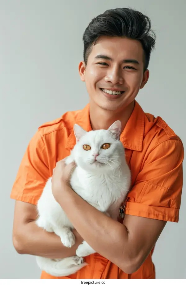 portrait of a young man with a white cat