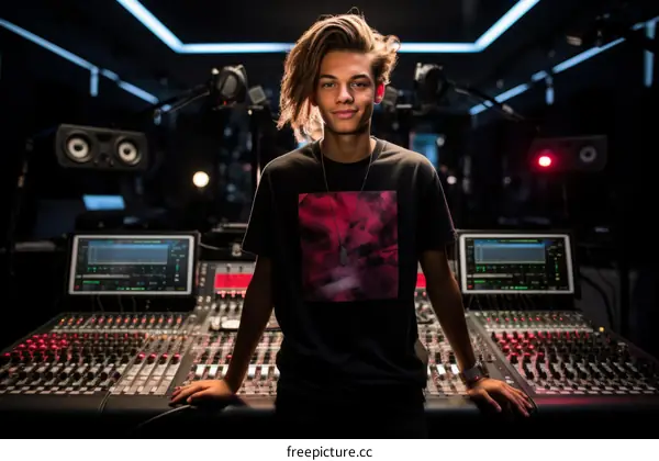 Portrait of a young male audio engineer in a recording studio