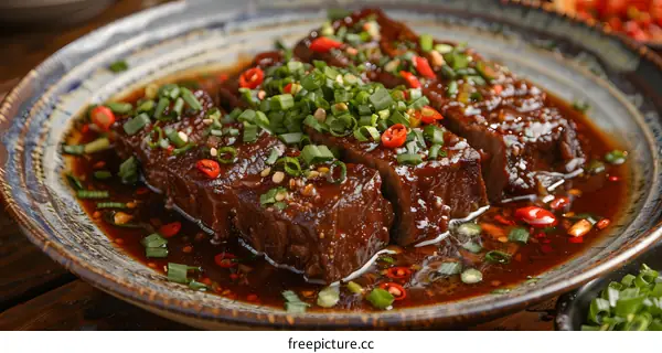 Sliced beef with green onion and chili