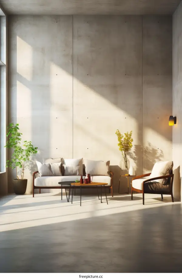 Minimalist Living Room with Concrete Walls and Large Windows