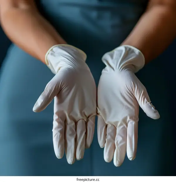 Close up of doctor's hands with white latex gloves