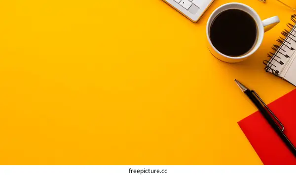 Yellow Desk With Coffee, Notebook, Keyboard And Pen