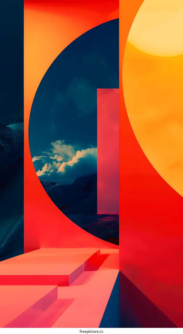 Abstract Art with Red and Orange Shapes and Blue Sky