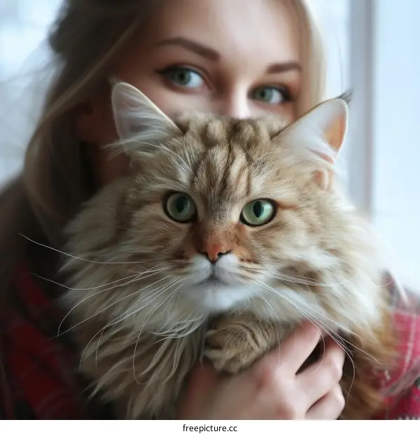 A blonde woman is holding a siberian cat in her arms. The cat has green eyes and looks straight at the camera.