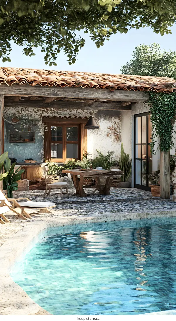 Swimming Pool in the Backyard of a Vintage Mediterranean House
