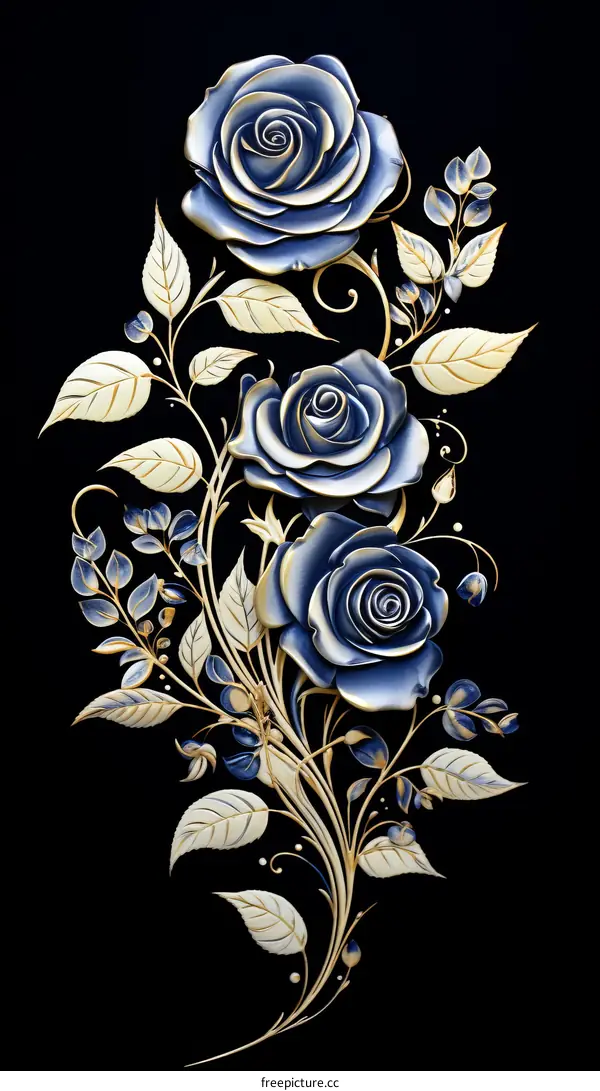 Blue Roses with Golden Leaves on Black Background