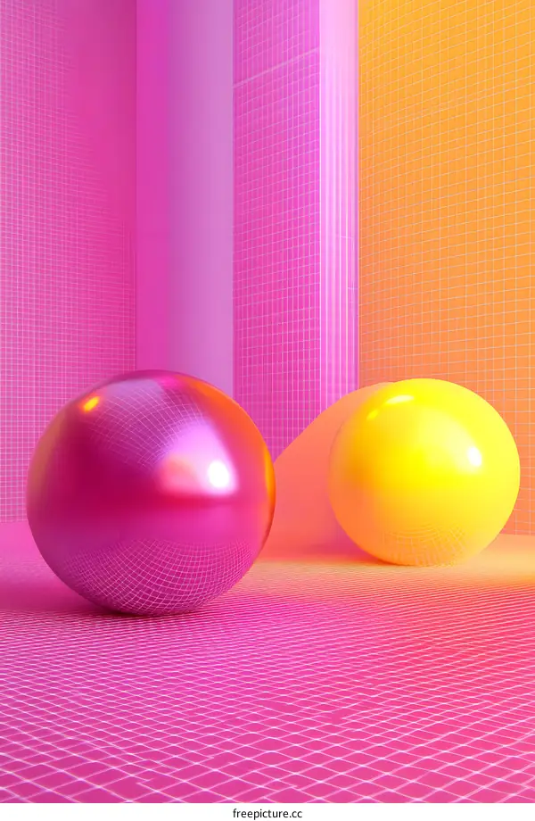 Abstract Pink and Yellow 3D Render with Grid Pattern