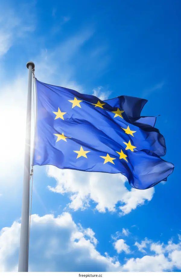 Flag of the European Union with Stars Waving in the Wind