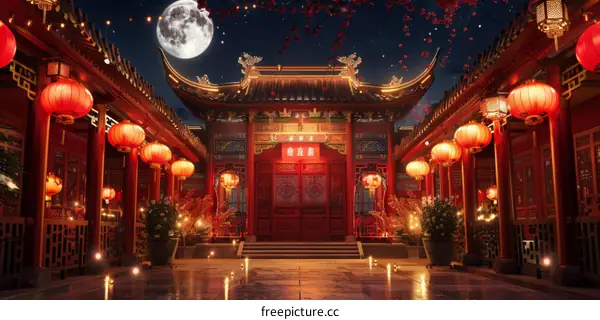 Courtyard with Red Lanterns and a Full Moon at Night