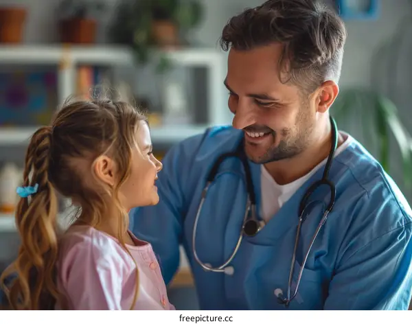 Male doctor talking to a little girl