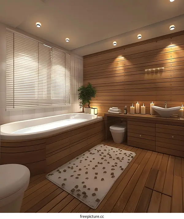 Modern Wooden Bathroom with Bathtub and Large Window