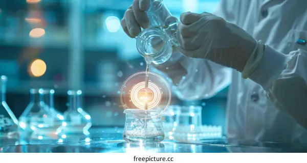 scientist pouring liquid into a beaker in lab