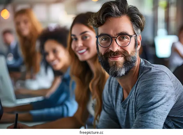 portrait of a smiling man with a beard and glasses in a group of people