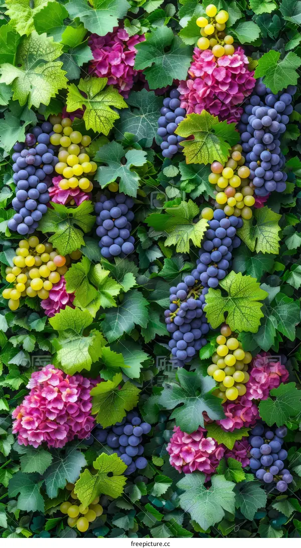 green leaves and colorful flowers and fruits