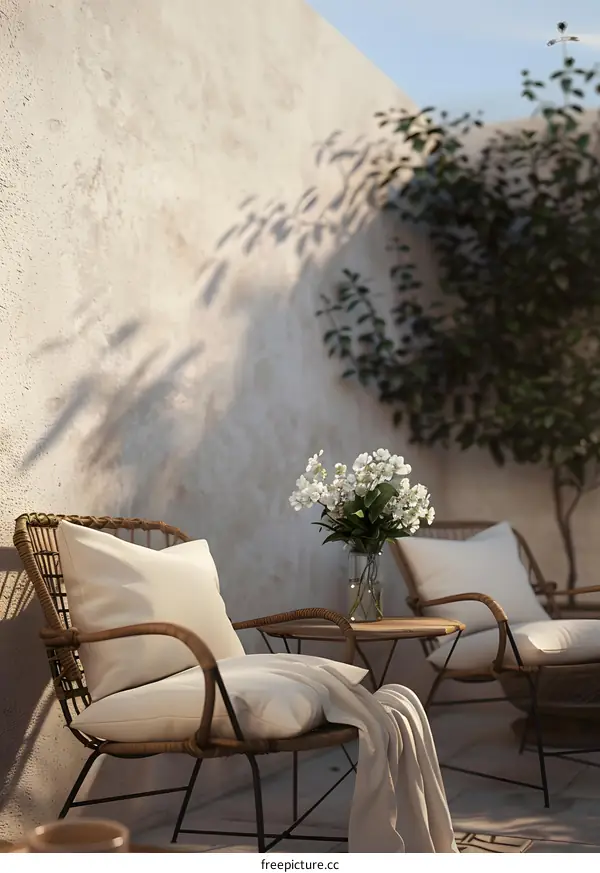 Minimalist Patio With Rattan Chairs and White Flowers