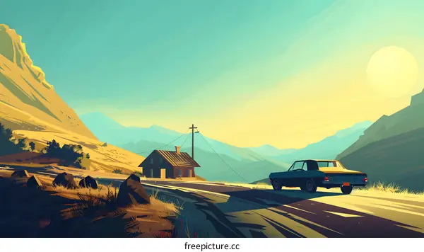 Vintage Car On Mountain Road Illustration