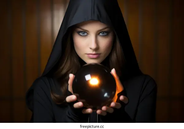 A woman in a black cloak and hood gazes into a crystal ball