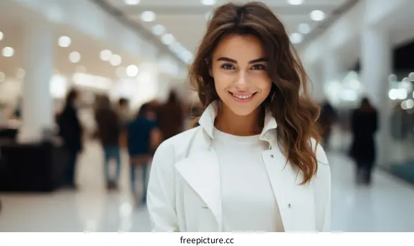 A beautiful young woman with long brown hair smiles at the camera