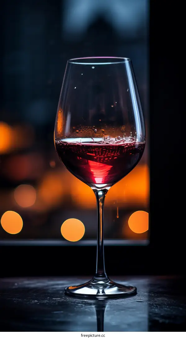 A glass of red wine on a table with a blurred background of lights