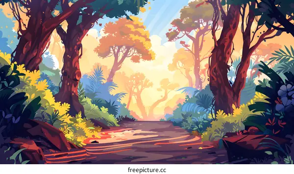 Jungle Path with Sunlight Shining Through the Trees