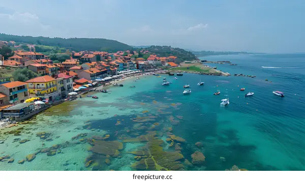Aerial view of a Mediterranean village on the coast