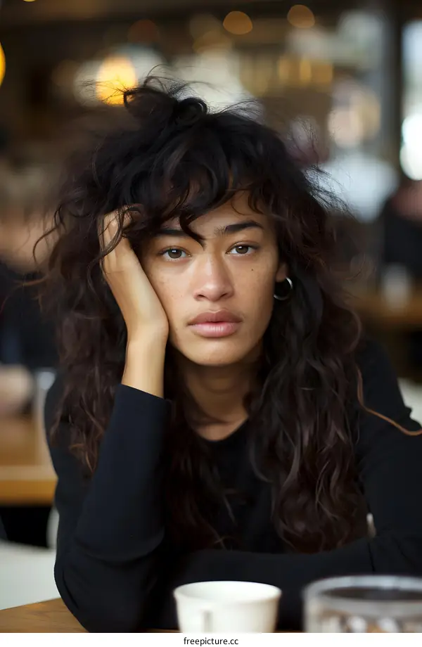 Portrait of a Young Woman with Curly Hair Sitting at a Cafe Table