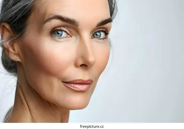 Close up portrait of beautiful middle aged woman with gray hair