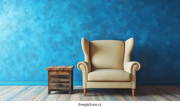 Vintage Cream Wingback Chair in a Blue Room