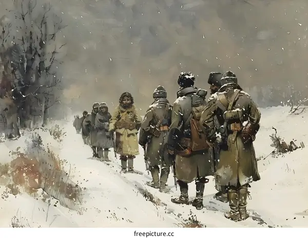 A group of soldiers trudging through the snow