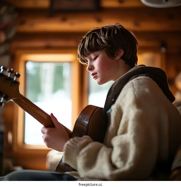 Young Boy Playing Acoustic Guitar In Cozy Cabin