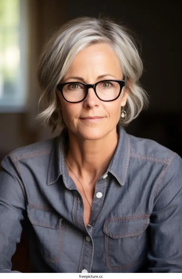 portrait of a middle aged woman with short gray hair and glasses
