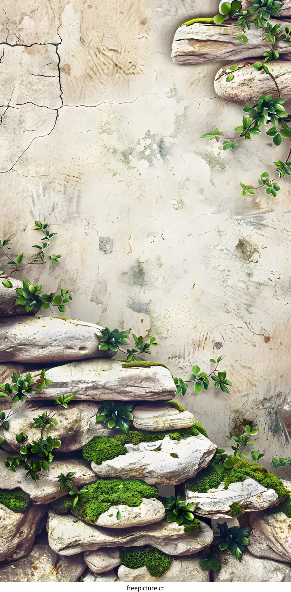 Green Ivy Growing On Stacked Stone Wall