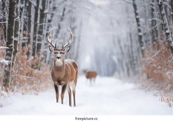 A majestic deer stands in the middle of a snowy forest