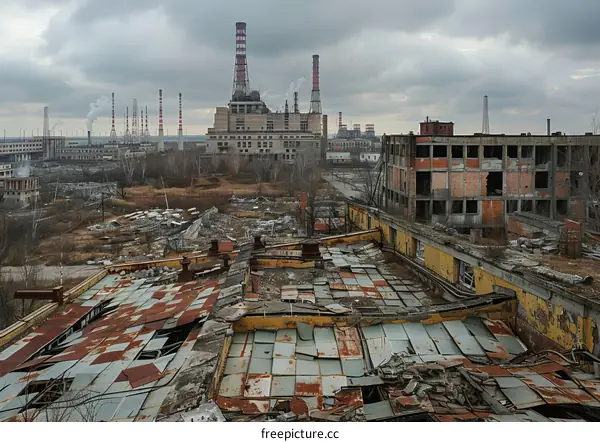 An abandoned industrial building with a factory in the background
