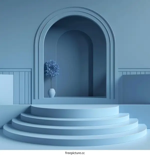 Blue abstract background with arch and podium