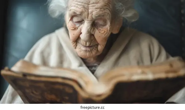 An elderly woman is reading a book