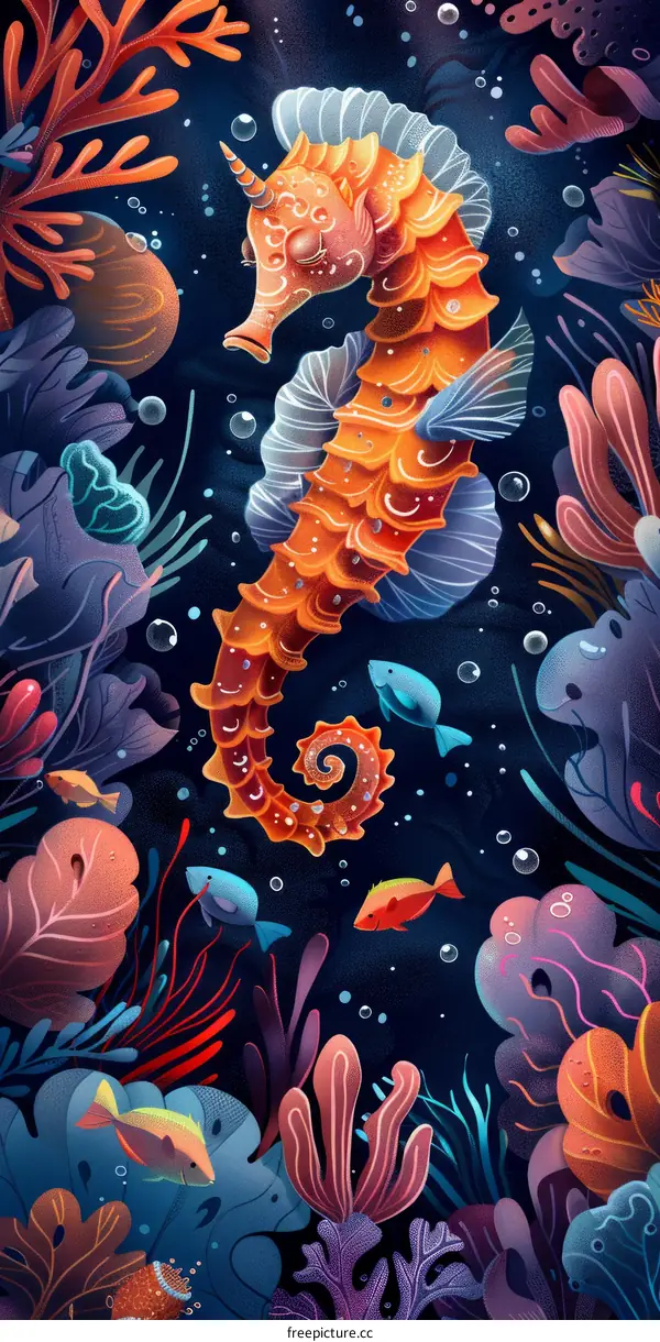 Seahorse illustration on coral reef background