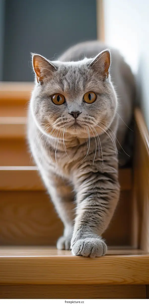 A British grey and white short-haired cat is walking down some wooden stairs and looking at the camera
