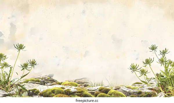 Vintage Watercolor Painting of Green Plants and Moss on Rocks