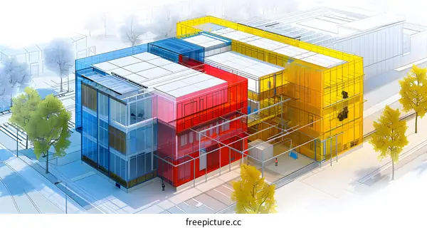 3D Architectural Design of a Modern Building Complex with Color-Coded Sections