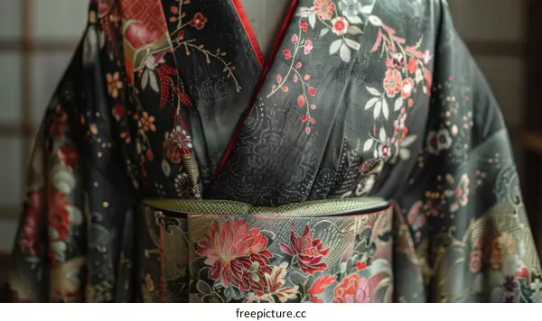 Black kimono with red floral pattern and green obi