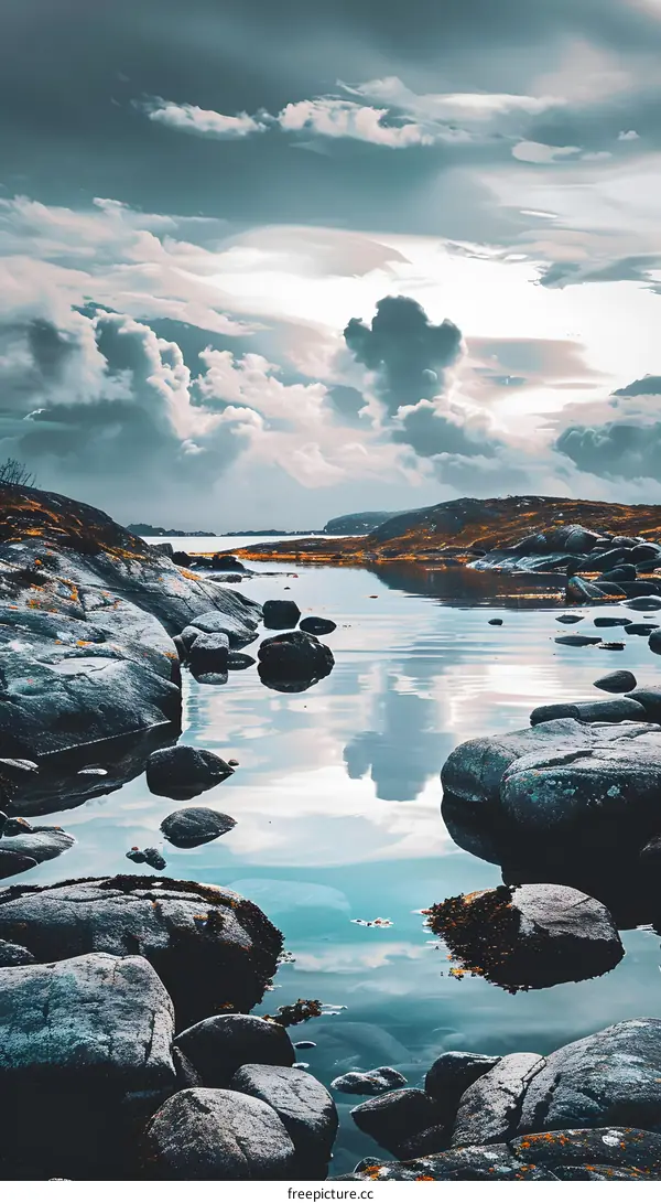 Calm Waters Reflecting Dramatic Clouds Over Rocks