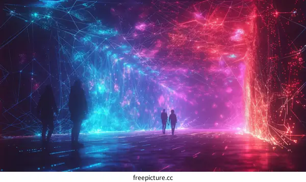 People walking through a tunnel of colorful lights