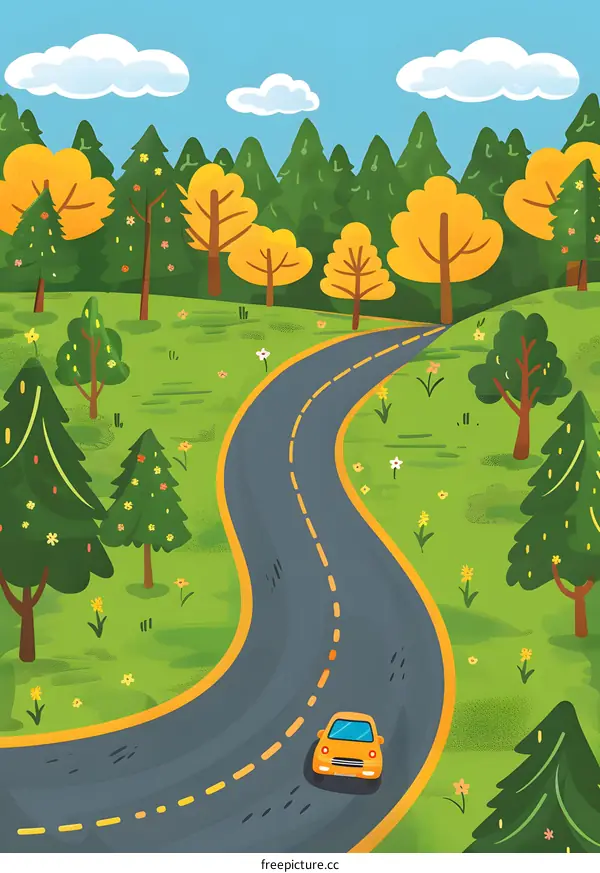 Yellow Car Driving on Winding Road Through Forest